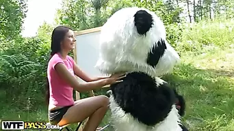 Sexy strap on fuck with young artist outdoor